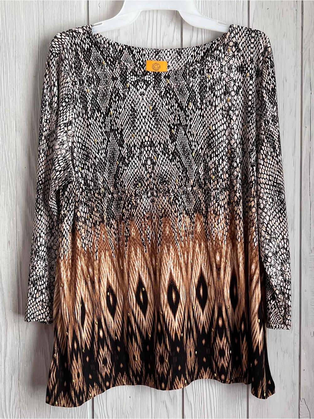 Ruby Rd. Black and Brown Snake Skin Print 3/4 Length Sleeves. Size Large.
